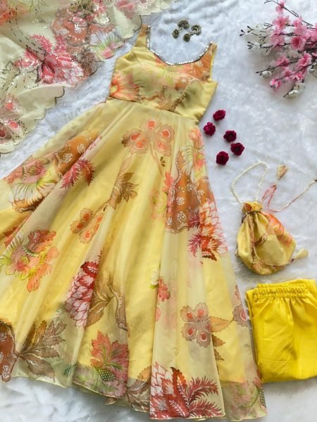 Opulence Yellow Organza Anarkali Suit with Matching Pant and Dupatta for Exporters Anarkali Kurtis 