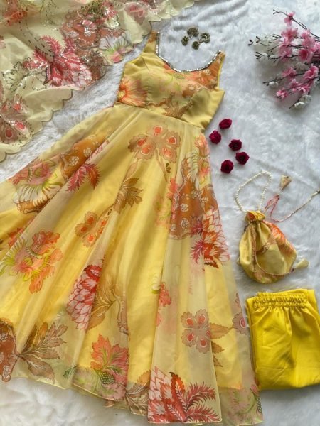 Opulence Yellow Organza Anarkali Suit with Matching Pant and Dupatta for Exporters Anarkali Kurtis 