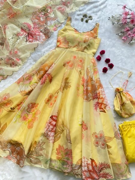 Opulence Yellow Organza Anarkali Suit with Matching Pant and Dupatta for Exporters Anarkali Kurtis 