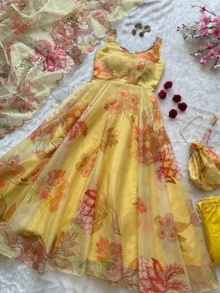 Opulence Yellow Organza Anarkali Suit with Matching Pant and Dupatta for Exporters Anarkali Kurtis 