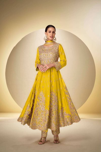Opulence Yellow Rasbari Chinon Anarkali with Plazzo and Dupatta at Manufacturer Rate Anarakali Gown Wholesale
