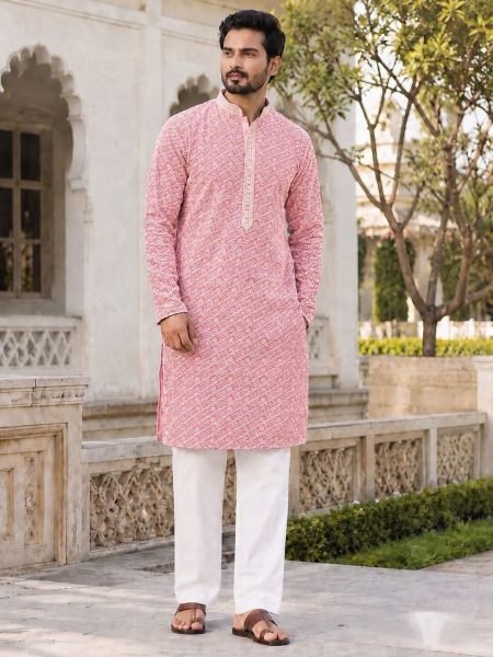 Opulent Baby Pink Rayon Gents Kurta with Chikan Work and Cotton Pyjama at Wholesale Rate 