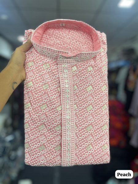 Opulent Baby Pink Rayon Gents Kurta with Chikan Work and Cotton Pyjama at Wholesale Rate Kurta Pajama Wholesale