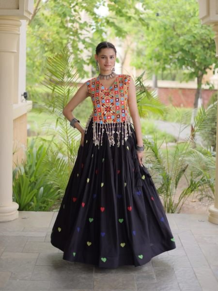 Opulent Black Cora Cotton Navratri Lehenga Choli with Gamthi Mirror For Wholesale Rate  Lehenga