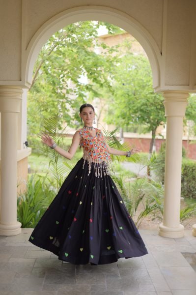 Opulent Black Cora Cotton Navratri Lehenga Choli with Gamthi Mirror For Wholesale Rate Navratri Lehnega Choli