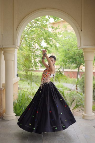 Opulent Black Cora Cotton Navratri Lehenga Choli with Gamthi Mirror For Wholesale Rate Navratri Lehnega Choli