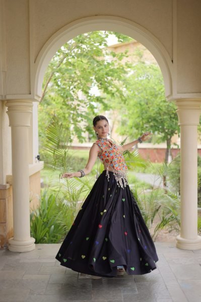 Opulent Black Cora Cotton Navratri Lehenga Choli with Gamthi Mirror For Wholesale Rate Navratri Lehnega Choli