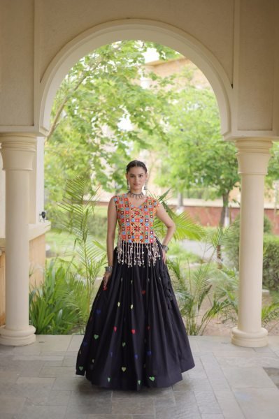 Opulent Black Cora Cotton Navratri Lehenga Choli with Gamthi Mirror For Wholesale Rate Navratri Lehnega Choli