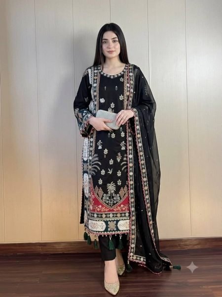 Opulent Black Festive Wear Star Silk Kaftan with Pant and Dupatta at Wholesale Rate Ready To Wear Suit