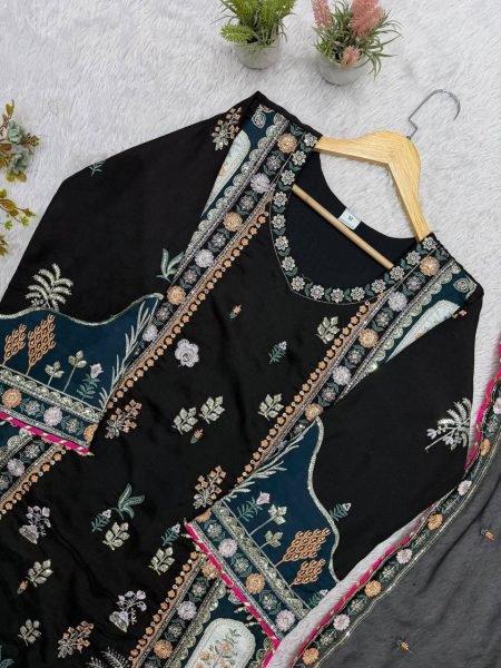 Opulent Black Festive Wear Star Silk Kaftan with Pant and Dupatta at Wholesale Rate Ready To Wear Collection