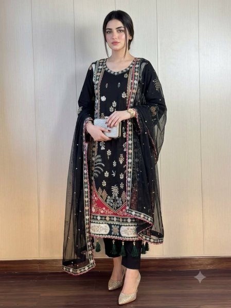 Opulent Black Festive Wear Star Silk Kaftan with Pant and Dupatta at Wholesale Rate Ready To Wear Collection