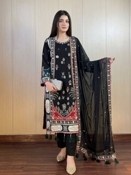 Opulent Black Festive Wear Star Silk Kaftan with Pant and Dupatta at Wholesale Rate Ready To Wear Collection