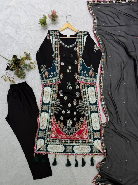 Opulent Black Festive Wear Star Silk Kaftan with Pant and Dupatta at Wholesale Rate Ready To Wear Collection