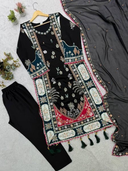 Opulent Black Festive Wear Star Silk Kaftan with Pant and Dupatta at Wholesale Rate Ready To Wear Collection