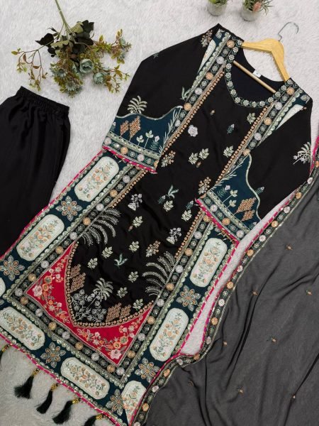 Opulent Black Festive Wear Star Silk Kaftan with Pant and Dupatta at Wholesale Rate Ready To Wear Collection