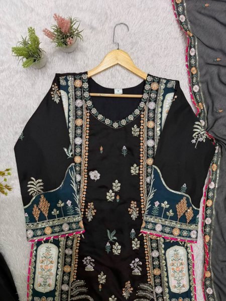 Opulent Black Festive Wear Star Silk Kaftan with Pant and Dupatta at Wholesale Rate Ready To Wear Collection
