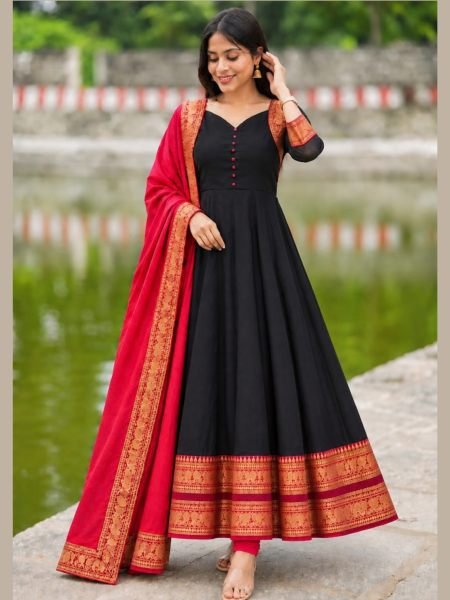 Opulent Black Heavy Vichitra Silk Readymade Gown with Jacquard Silk Border at Wholesale Rate 