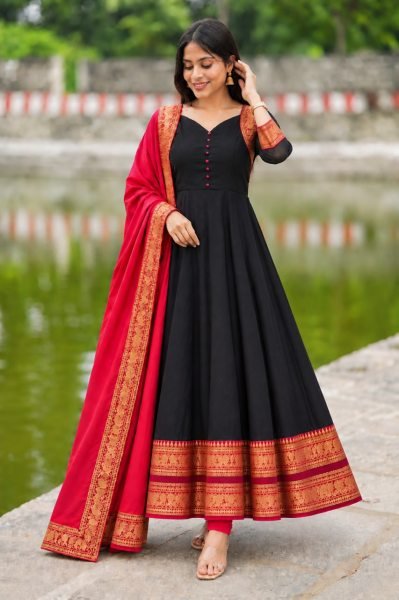 Opulent Black Heavy Vichitra Silk Readymade Gown with Jacquard Silk Border at Wholesale Rate Anarkali Kurtis 