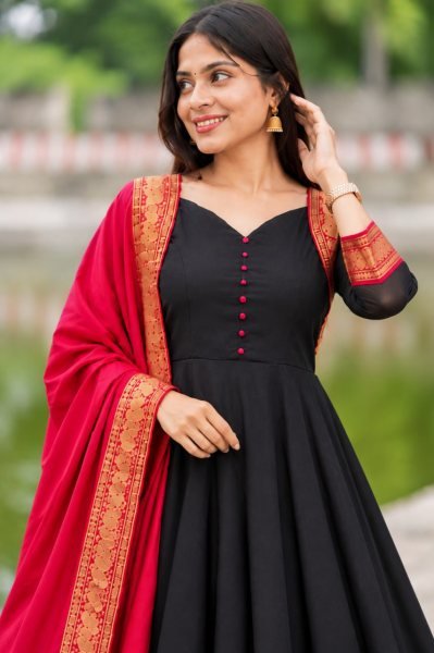 Opulent Black Heavy Vichitra Silk Readymade Gown with Jacquard Silk Border at Wholesale Rate Anarkali Kurtis 