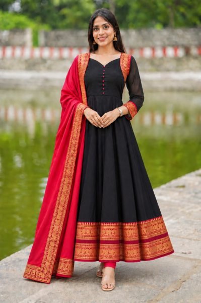 Opulent Black Heavy Vichitra Silk Readymade Gown with Jacquard Silk Border at Wholesale Rate Anarkali Kurtis 
