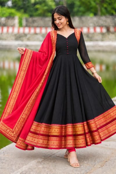 Opulent Black Heavy Vichitra Silk Readymade Gown with Jacquard Silk Border at Wholesale Rate Anarkali Kurtis 