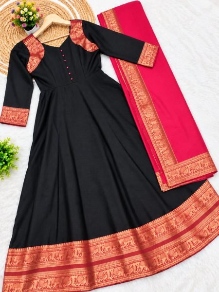 Opulent Black Heavy Vichitra Silk Readymade Gown with Jacquard Silk Border at Wholesale Rate Anarkali Kurtis 