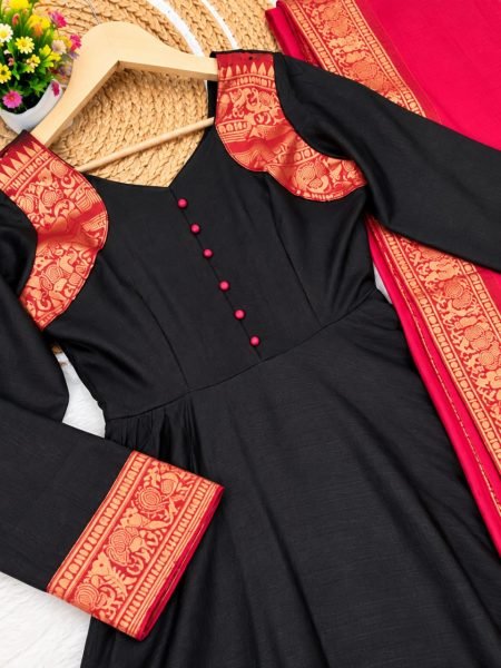 Opulent Black Heavy Vichitra Silk Readymade Gown with Jacquard Silk Border at Wholesale Rate Anarkali Kurtis 