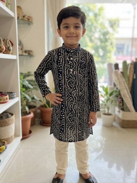 Opulent Black Kids Bandhani Kurta for Navratri Festival Wear Boys Wear