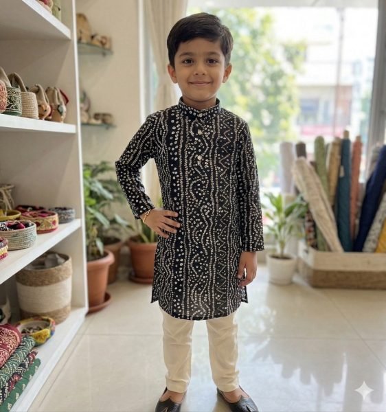 Opulent Black Kids Bandhani Kurta for Navratri Festival Wear Boys Wear