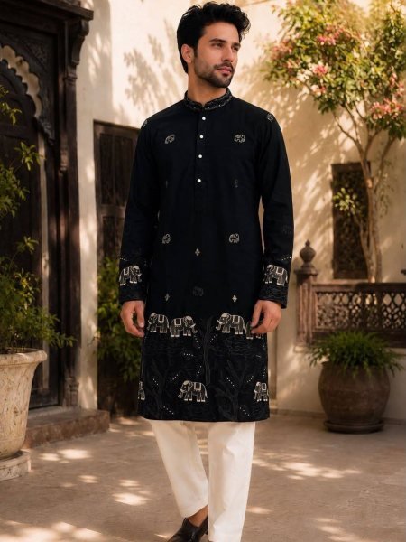 Opulent Black Men's Ethnic Kurta Pajama Set with Armaani Lachko Fabric  
