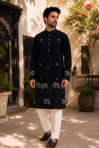 Opulent Black Men's Ethnic Kurta Pajama Set with Armaani Lachko Fabric  Kurta Pajama Wholesale