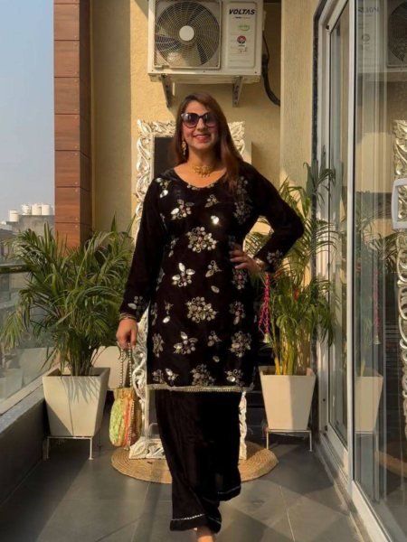 Opulent Black  Viscose Velvet  Sequence Embroidered Top   Pant Set with Micro Inner At Manufacturer Rate Kurtis
