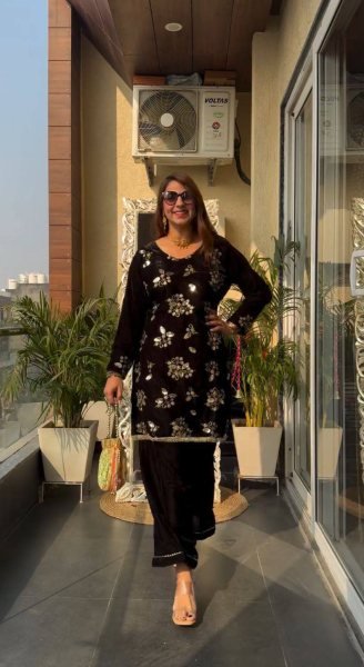 Opulent Black  Viscose Velvet  Sequence Embroidered Top   Pant Set with Micro Inner At Manufacturer Rate Kurti With Bottom Wholesale