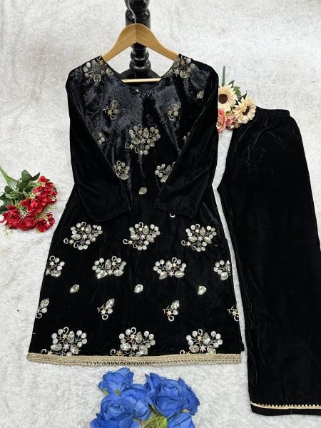 Opulent Black  Viscose Velvet  Sequence Embroidered Top   Pant Set with Micro Inner At Manufacturer Rate Kurti With Bottom Wholesale