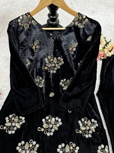 Opulent Black  Viscose Velvet  Sequence Embroidered Top   Pant Set with Micro Inner At Manufacturer Rate Kurti With Bottom Wholesale