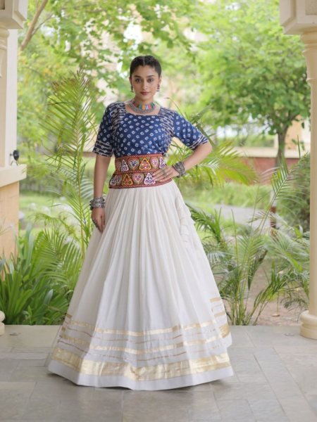 Opulent Blue Designer Cora Cotton Lehenga with Bandhej Gamthi Embroidered Blouse  Lehenga