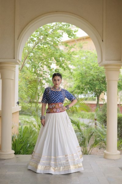 Opulent Blue Designer Cora Cotton Lehenga with Bandhej Gamthi Embroidered Blouse Navratri Lehnega Choli