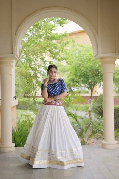 Opulent Blue Designer Cora Cotton Lehenga with Bandhej Gamthi Embroidered Blouse Navratri Lehnega Choli