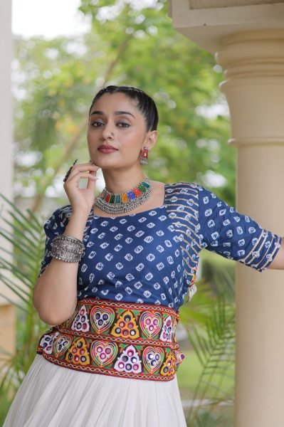 Opulent Blue Designer Cora Cotton Lehenga with Bandhej Gamthi Embroidered Blouse Navratri Lehnega Choli