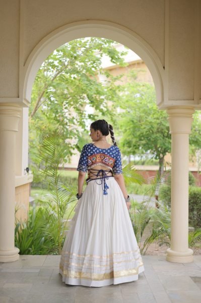 Opulent Blue Designer Cora Cotton Lehenga with Bandhej Gamthi Embroidered Blouse Navratri Lehnega Choli