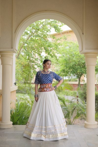 Opulent Blue Designer Cora Cotton Lehenga with Bandhej Gamthi Embroidered Blouse Navratri Lehnega Choli