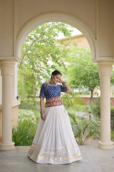 Opulent Blue Designer Cora Cotton Lehenga with Bandhej Gamthi Embroidered Blouse Navratri Lehnega Choli
