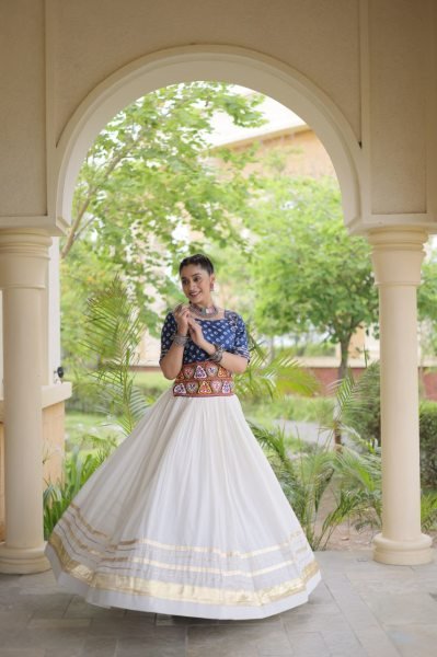 Opulent Blue Designer Cora Cotton Lehenga with Bandhej Gamthi Embroidered Blouse Navratri Lehnega Choli