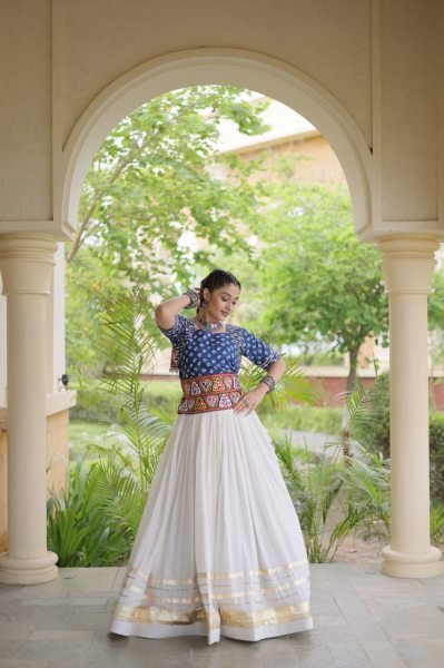 Opulent Blue Designer Cora Cotton Lehenga with Bandhej Gamthi Embroidered Blouse Navratri Lehnega Choli