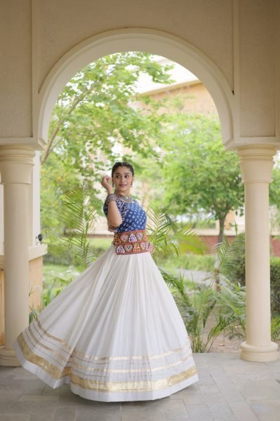 Opulent Blue Designer Cora Cotton Lehenga with Bandhej Gamthi Embroidered Blouse Navratri Lehnega Choli