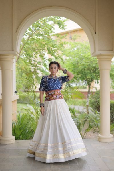 Opulent Blue Designer Cora Cotton Lehenga with Bandhej Gamthi Embroidered Blouse Navratri Lehnega Choli