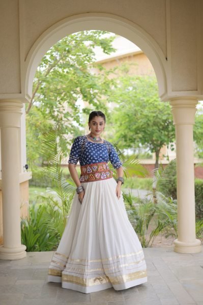 Opulent Blue Designer Cora Cotton Lehenga with Bandhej Gamthi Embroidered Blouse Navratri Lehnega Choli