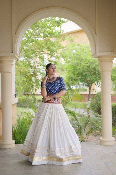 Opulent Blue Designer Cora Cotton Lehenga with Bandhej Gamthi Embroidered Blouse Navratri Lehnega Choli