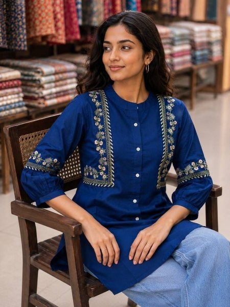 Opulent Blue Ready-to-Wear Cotton Embroidered Kurti for Women at Manufacturer Rate Tunics kurti