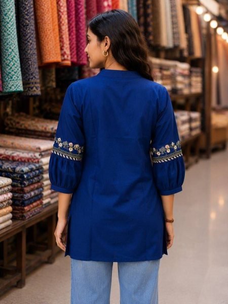 Opulent Blue Ready-to-Wear Cotton Embroidered Kurti for Women at Manufacturer Rate Tunics kurti